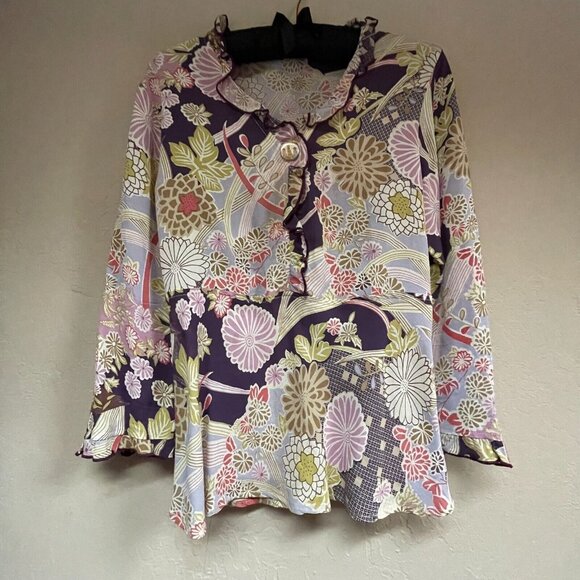 Vintage Loco Lindo Women's Small Ruffle Neck Popover Top Flared Sleeve Blouse - Picture 1 of 10